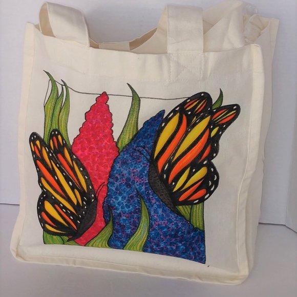 Hand-Painted Butterfly Tote Bag: Floral Art Reusable Canvas Tote 14x13x7 - Picture 11 of 14